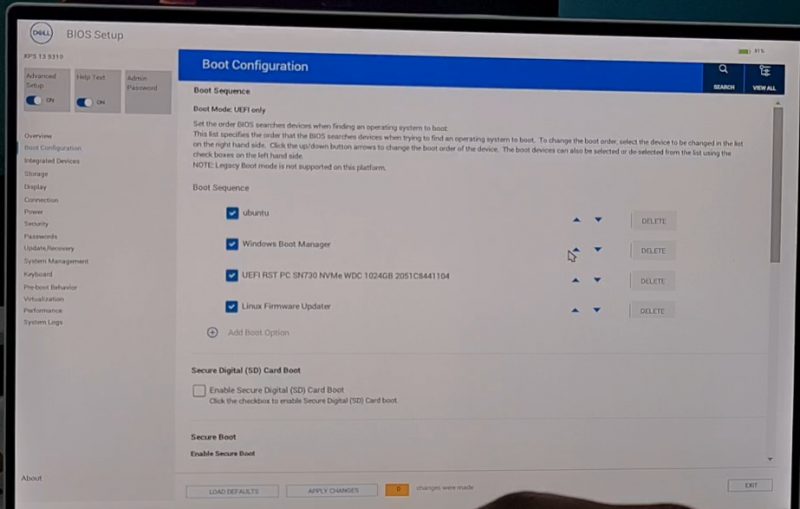 dell xps uefi settings