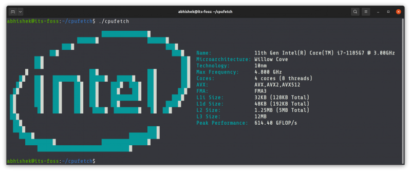 cpufetch showing CPU information in Linux terminal for itsfoss
