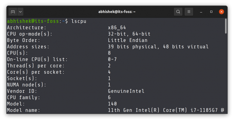 lscpu command output