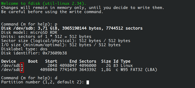 Remove partitions in Linux using fdisk