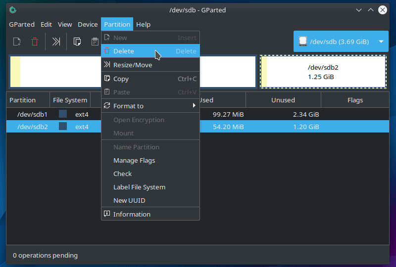 Removing partitions in Linux with GParted