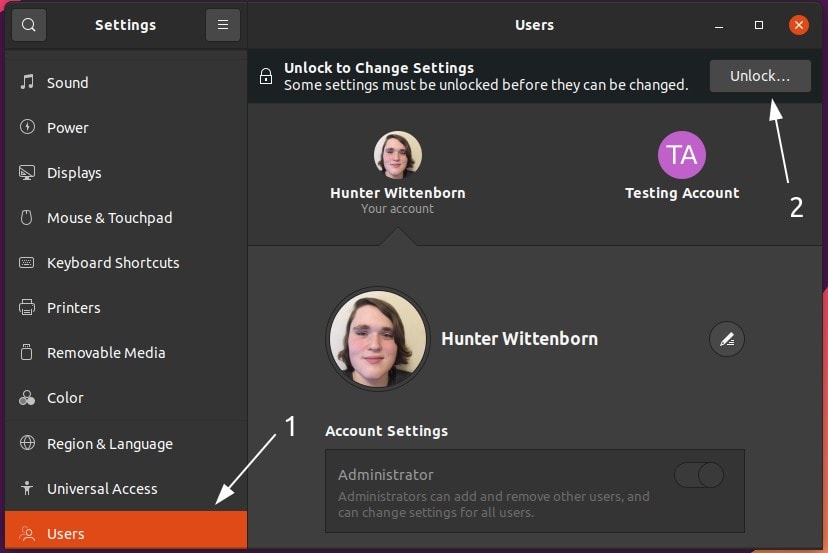 Unlock user settings Ubuntu