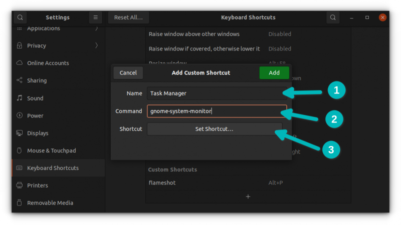 set custom shortcut for task manager ubuntu