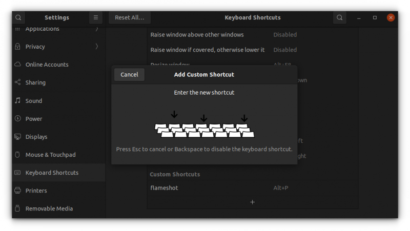 setting custom keyboard shortcut ubuntu