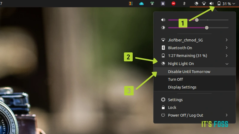 Accessing Night Light settings in Ubuntu from the top right panel