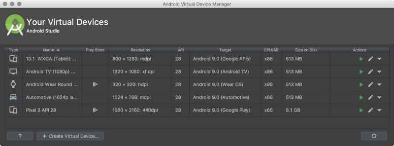 android virtual devices studio