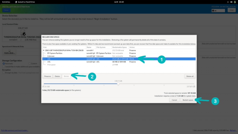 Installing Fedora alongside Windows on the same disk by shrinking Windows partition