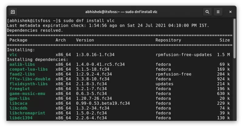 Installing VLC in Fedora with DNF command