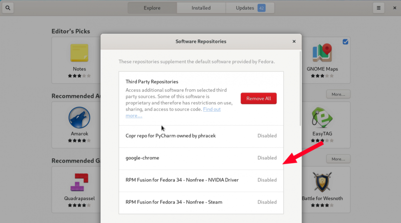 Enable sub repositories to install Chrome, Nvidia drivers and some other third party applications in Fedora