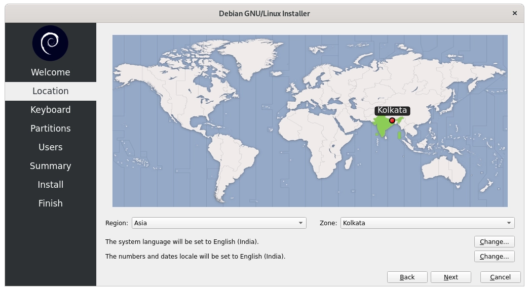 Select time zone and location during Debian installation