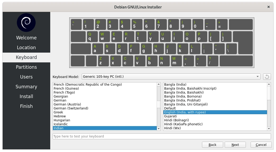 Select keyboard layout while installing Debian