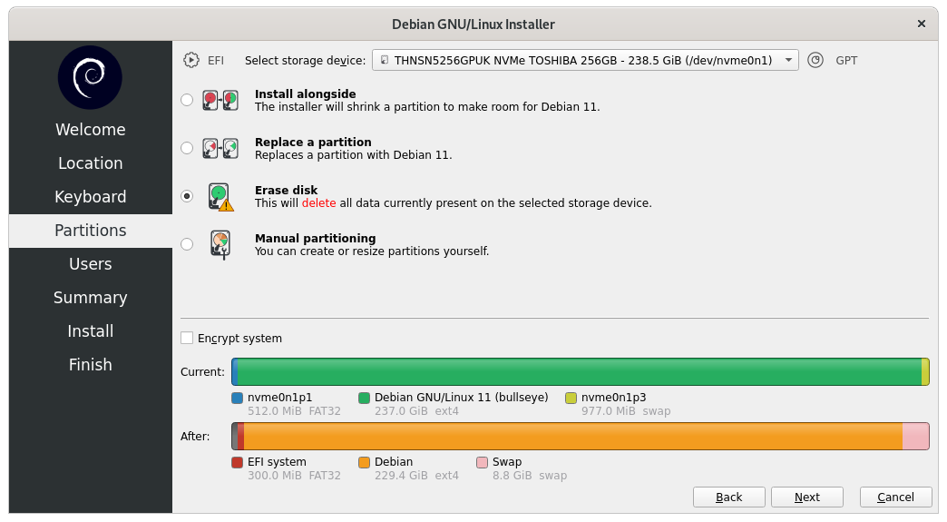 Disk partitioning while installing Debian