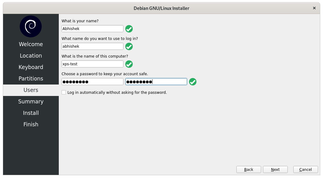 Set username and password while installing Debian