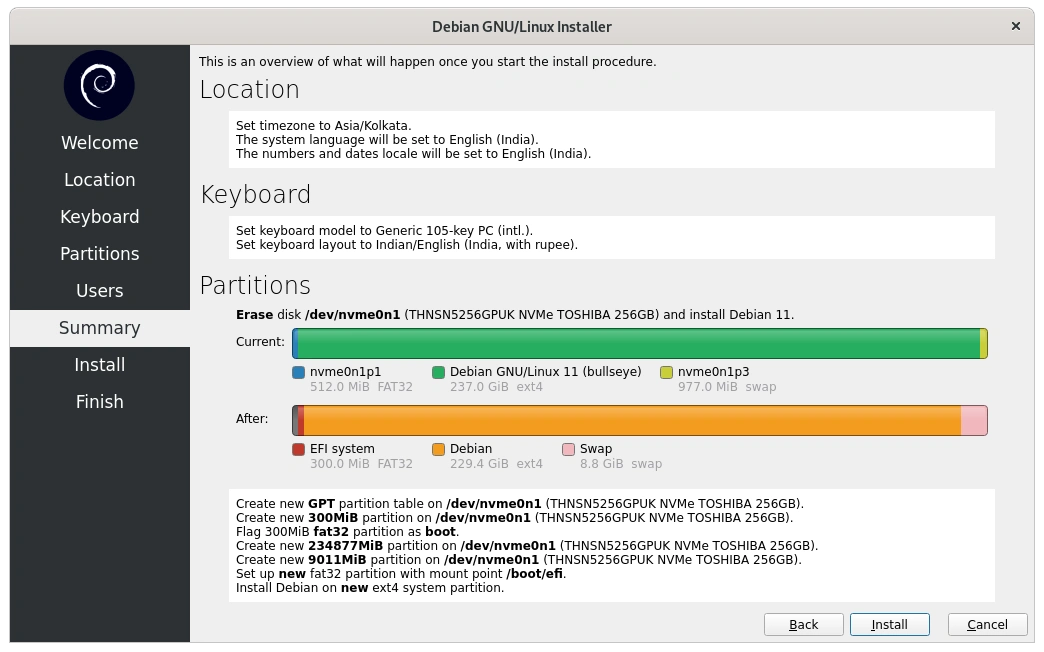 Debian installation summary