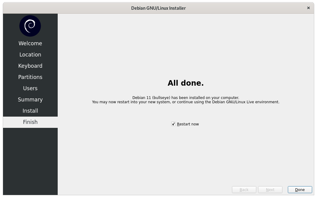 Finished Debian installation