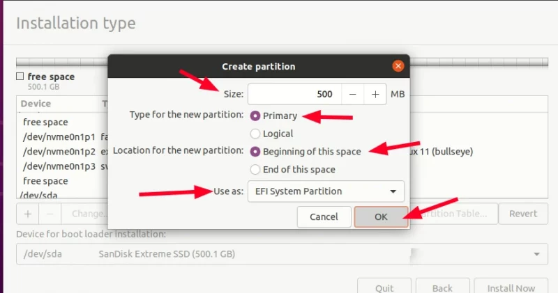 create esp partition on external usb