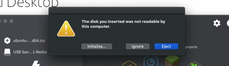 error message after live usb macos