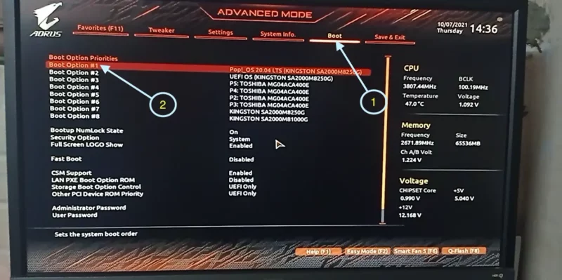 Boot settings in Aorus 