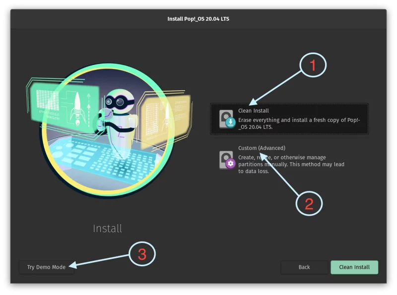 Pop!_OS Installation types, plus Demo Mode