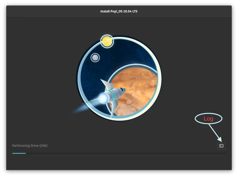 Pop!_OS Installation screen, plus log button