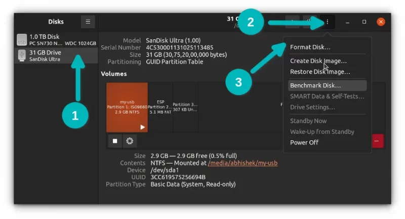 format usb in disks tool