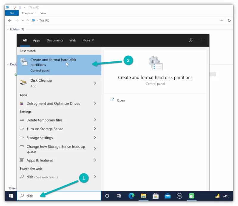 Start disk management tool in Windows