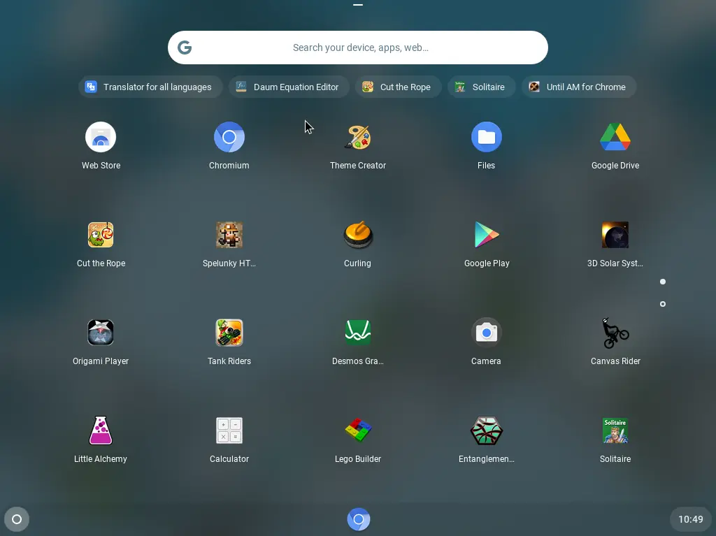 A screenshot of the app drawer in CloudReady with the Google Play Store app icon which redirects you to the webpage in Chromium along with Chrome Extensions as “Apps”