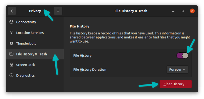clear or disable file history gnome linux