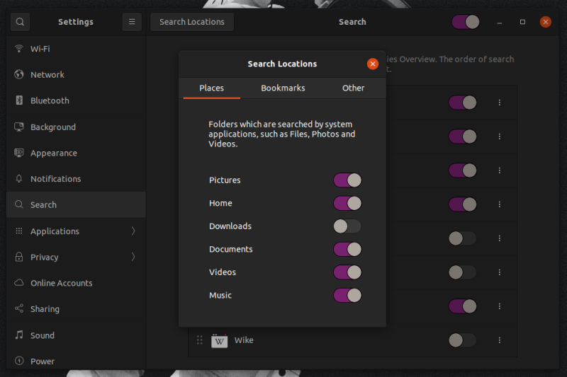 gnome default search location