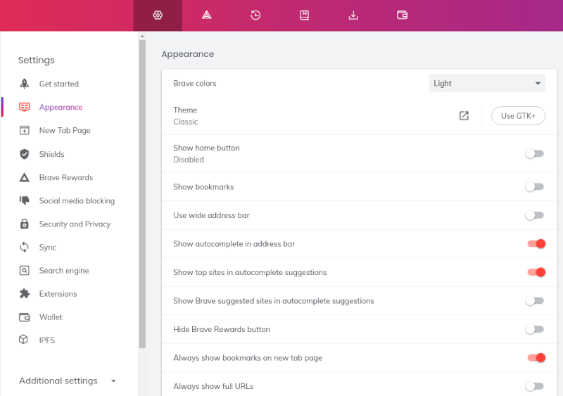 brave appearance options