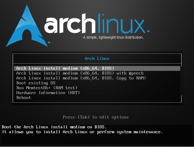 arch linux boot menu install