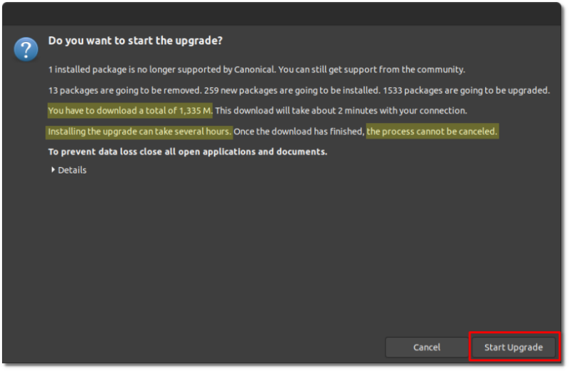 Upgarde tool asking the user to confirm start upgrading
