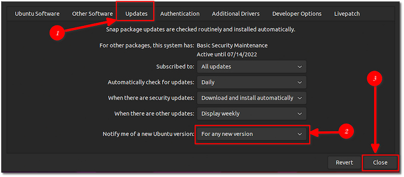 Ubuntu 21.10 software and updates, where update notification is set to any new version