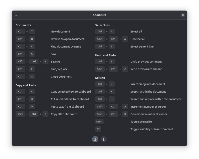 keyboard shortcuts gnome text editor