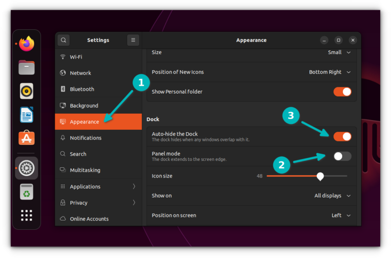 Change the appearance of Ubuntu panel using the Appearance settings in system settings