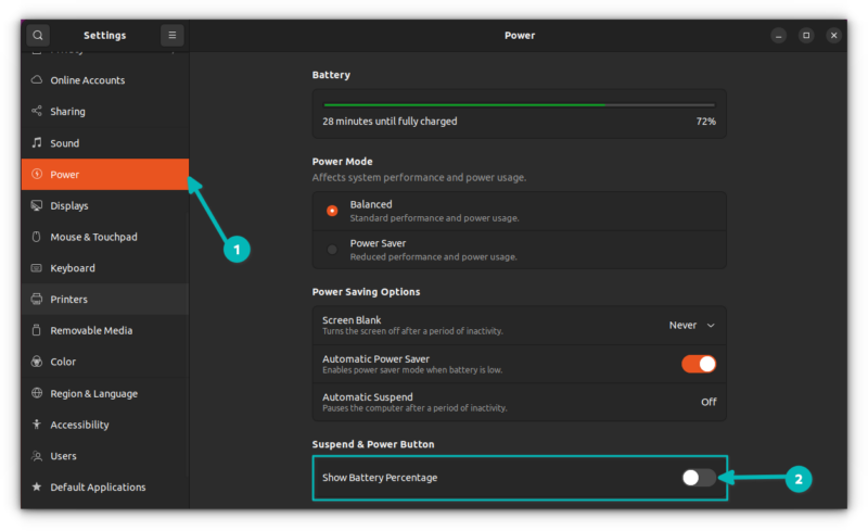 Show Battery Percentage on Top panel: Enable this in your system settings