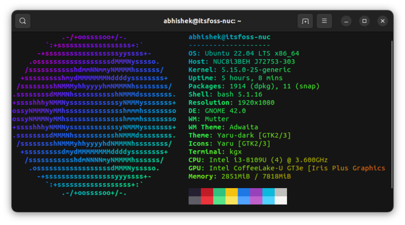A terminal session running neofetch with lolcat