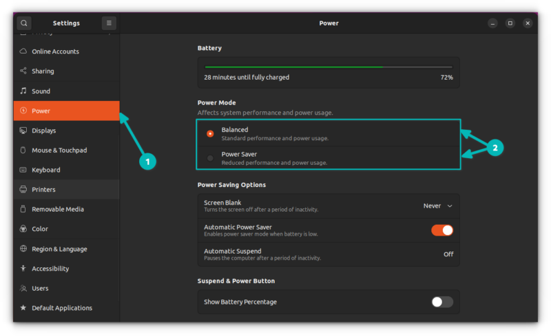 New power profile in the "Power" tab of system settings