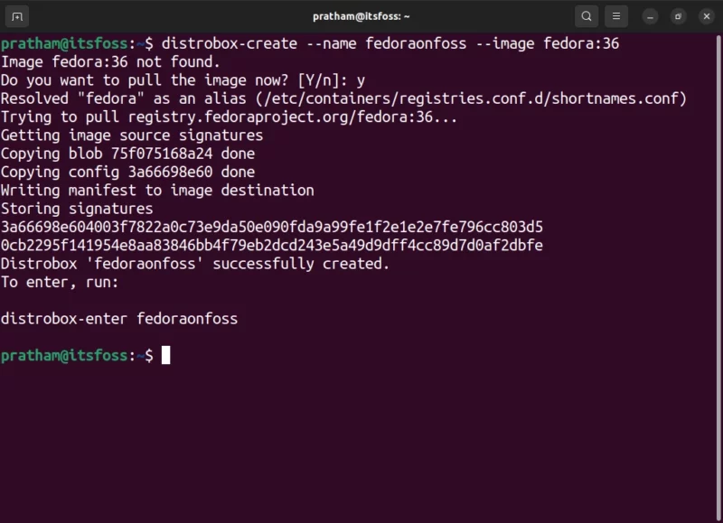 Distrobox 'fedoraonfoss' successfully created