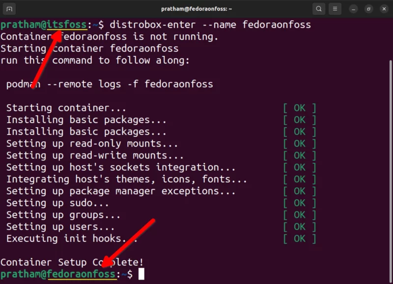 Entering the 'fedoraonfoss' Distrobox container