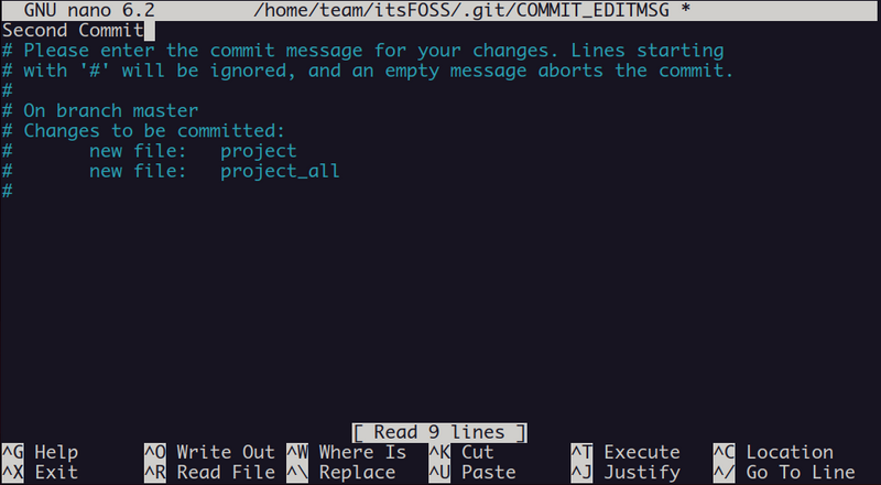 add commit message in nano editor