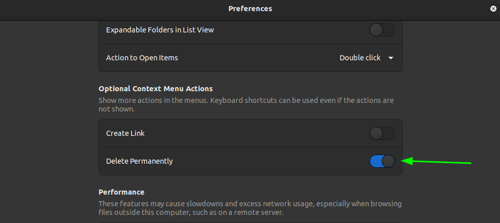 delete option in nautilus preferences