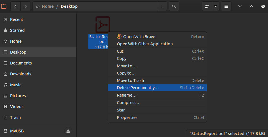 delete option under right click context menu