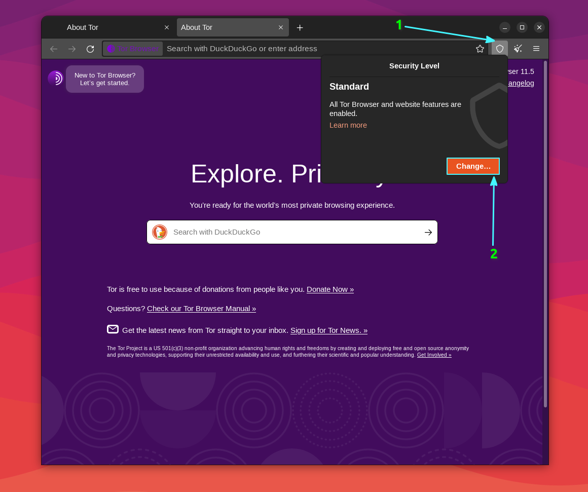 tor browser change security level