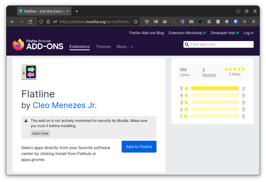 Flatline extension page in Mozilla Firefox's add-ons page