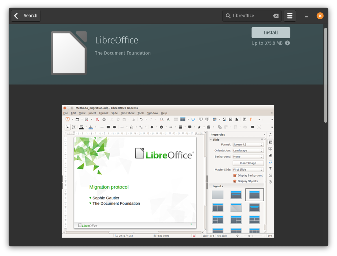 LibreOffice in Software Center. Click the install button to install it on your system