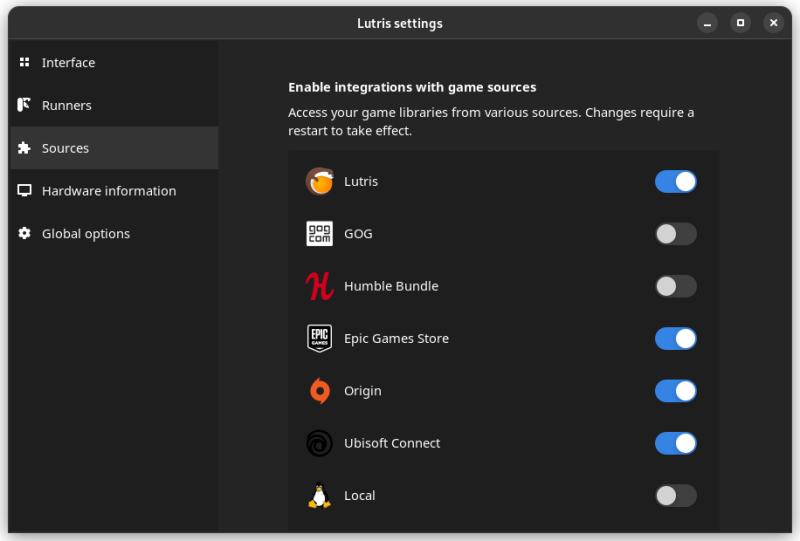 lutris preference epic game enable