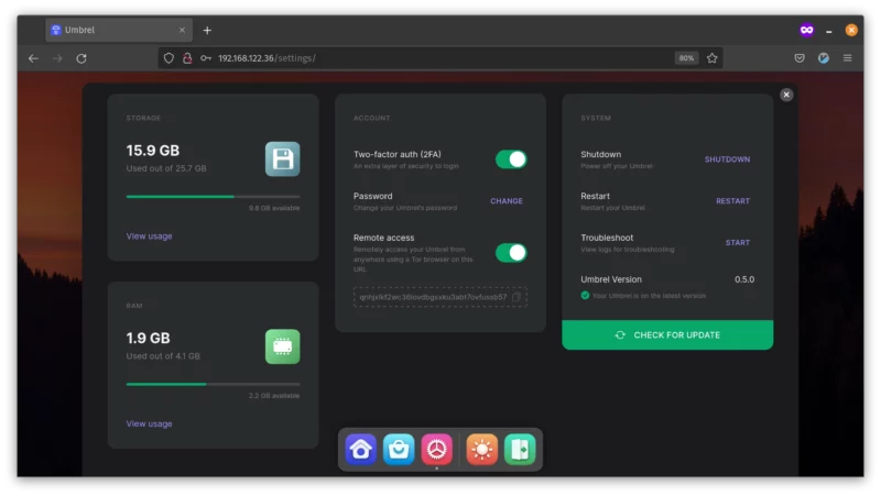 The Settings app on Umbrel