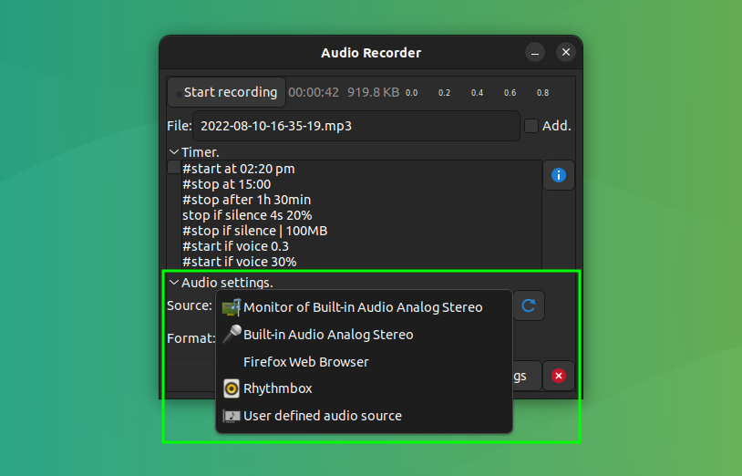 audio recorder audio settings