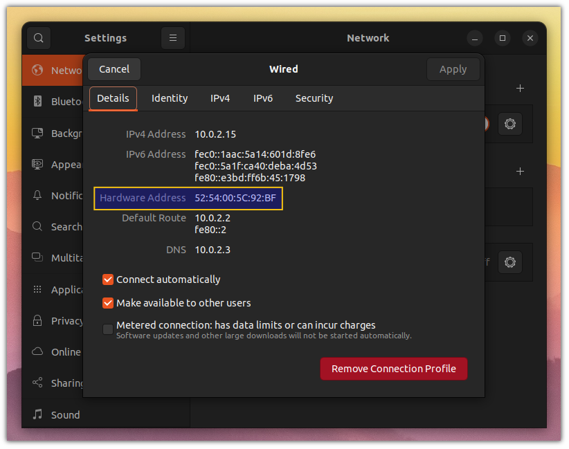 find mac address using gui